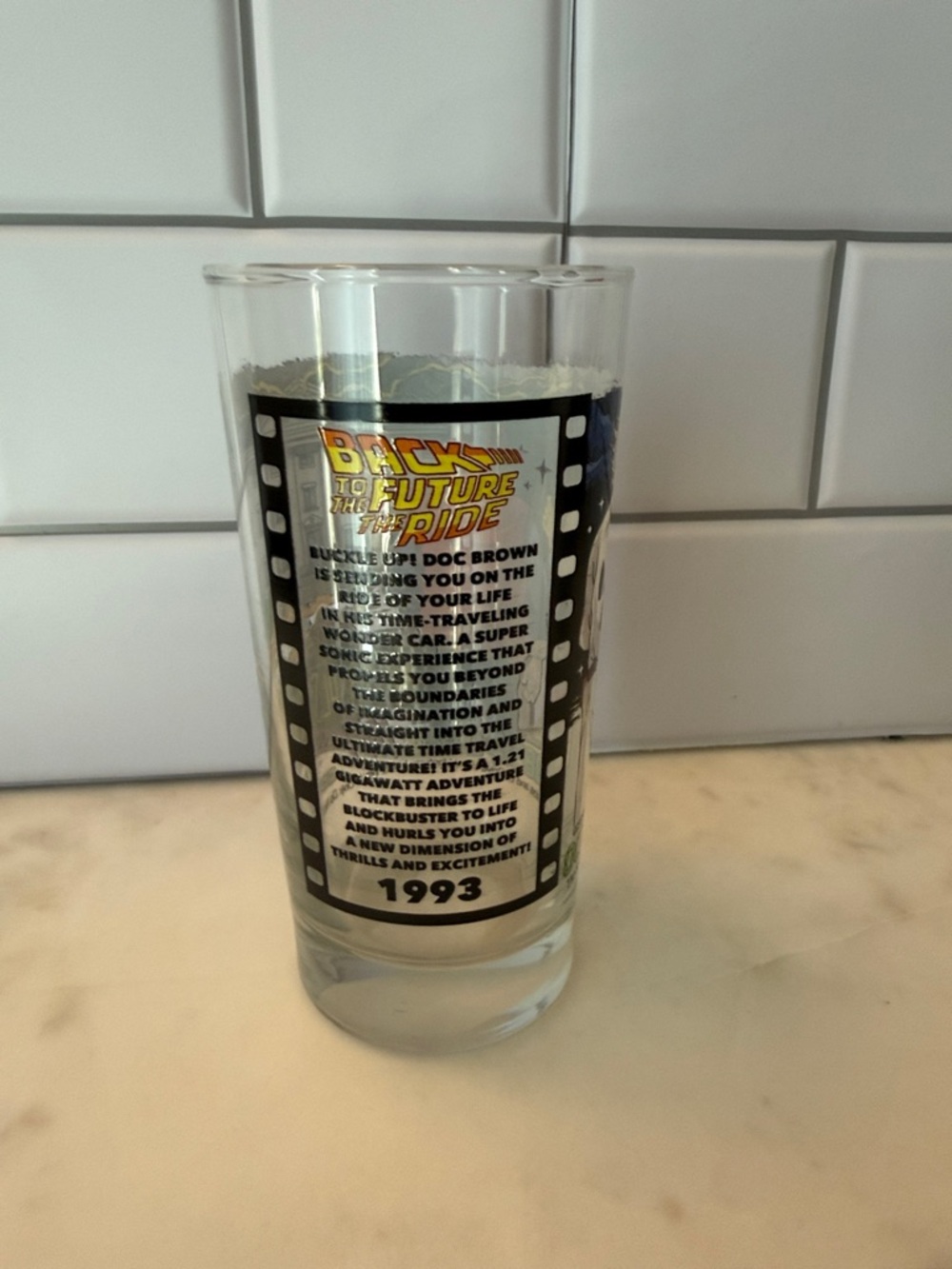 Back to the Future Ride 1993 Souvenir Glass - Clear with Black & Yellow Design